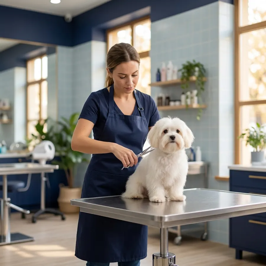 Kuaförümüzde tıraş edilen beyaz Maltese köpek