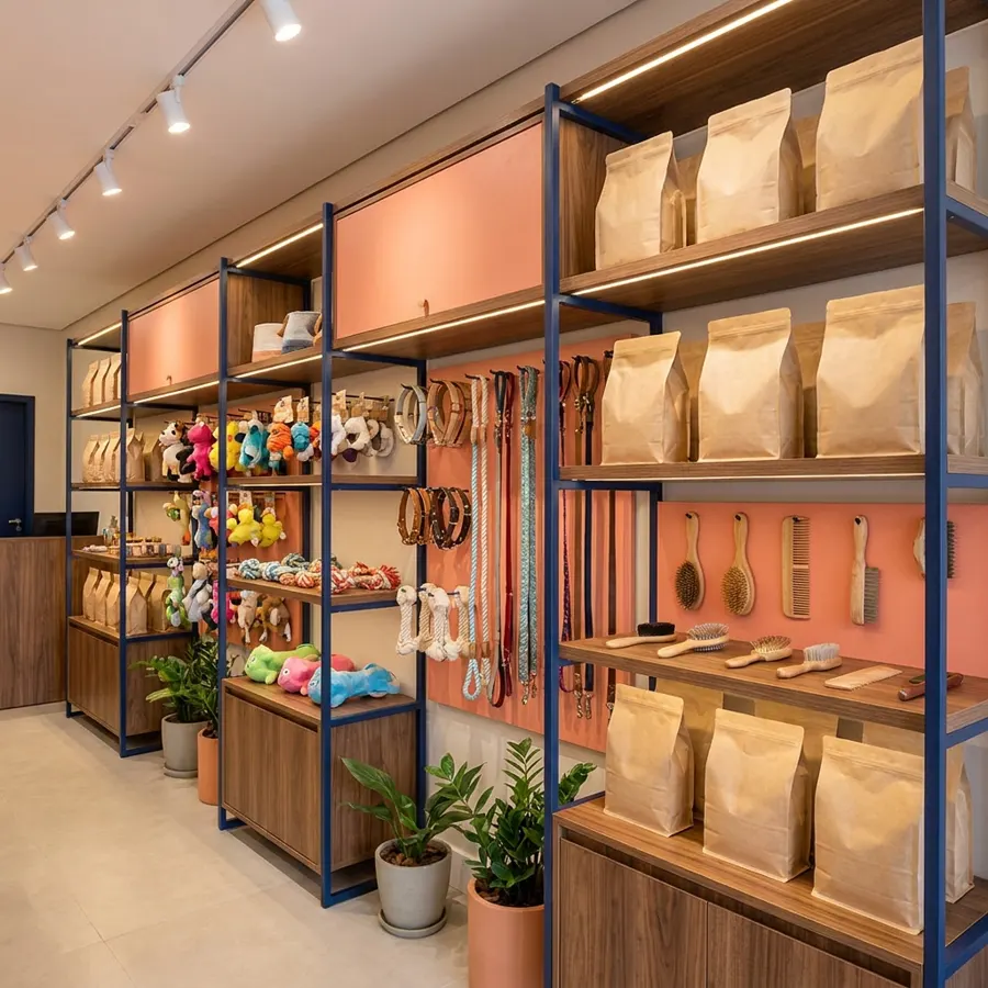 Mama, oyuncak ve aksesuarların bulunduğu pet shop reyonu
