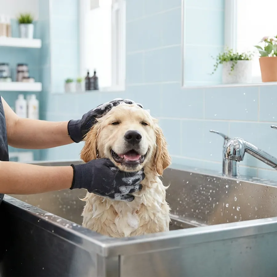 Küvette köpüklü şekilde yıkanan golden retriever yavrusu
